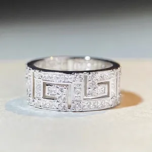 Vintage 925 Sterling Silver Greek Key Meander Ring For Women Geometric Hollow Pave Zirconia Band Ring Fashion Jewelry