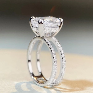 Luxurious S925 sterling silver cushion cut zircon ring with double row pave diamonds