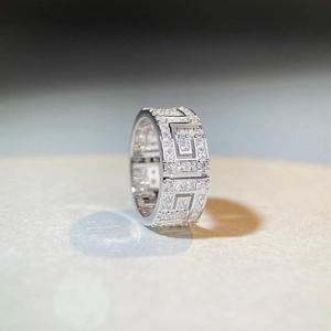 S925 sterling silver meander ring with micro-pave zircons and hollow greek key pattern