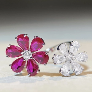 S925 sterling silver open ring featuring red and white gemstone flower design