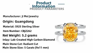 Detail of 5 carat radiant cut yellow diamond ring in S925 sterling silver setting