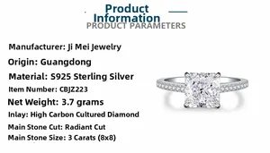 Macro detail of S925 silver ring featuring 3ct radiant cut zircon and four-prong setting