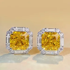 925 Sterling Silver Square Radiant Cut Rhinestone Stud Earrings For Women Yellow Pink White Purple Luxurious Jewelry Gift