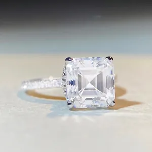 Luxurious 925 Sterling Silver Asscher Cut Moissanite Ring For Women Halo Pave Engagement Wedding Band Sparkly Jewelry Gift