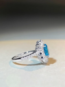 Macro side view of S925 sterling silver ring featuring a blue oval halo gemstone setting