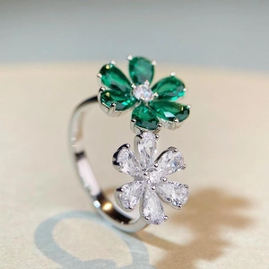 S925 sterling silver open ring featuring green and white zircon flower petals