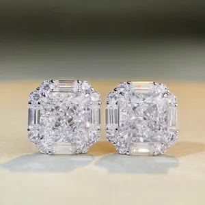 Luxury 925 Sterling Silver Radiant Cut Zirconia Halo Stud Earrings For Women Square Geometric Inlaid Jewelry Wedding Gift