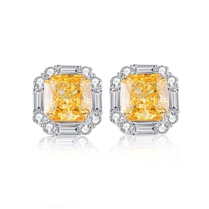 Elegant S925 silver stud earrings featuring square-cut yellow stones and zircon halo