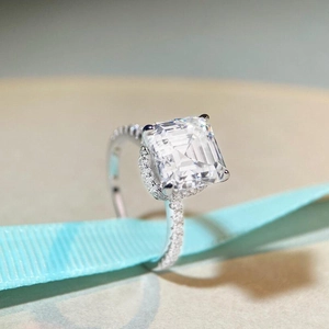 Asscher cut moissanite ring in S925 sterling silver with halo and pave diamond setting