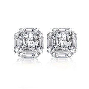 Elegant S925 sterling silver square halo earrings with radiant cut cubic zirconia stones