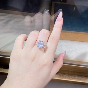 Detail of S925 sterling silver ring featuring double-row zircons and ice-cut cushion diamond