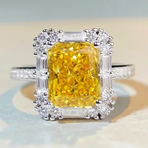 925 Sterling Silver Luxury Radiant Cut Zirconia Halo Ring For Women Elegant Rectangle Yellow Pink White Zircon Engagement Jewelry