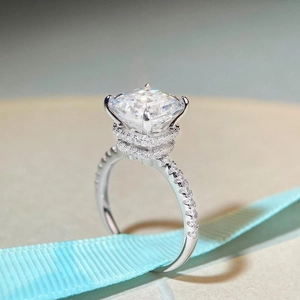 S925 sterling silver Asscher cut moissanite ring with hidden halo and pavé band detail