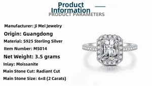 Détail de la bague en Moissanite taille Radiant 2 carats avec spécifications argent S925