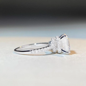 S925 silver moissanite ring with large radiant cut stone and pavé setting details