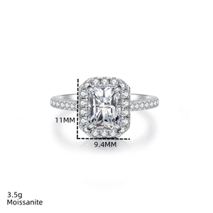 Détail d'une bague halo en moissanite de 2ct taille radiant avec dimensions 11x9,4 mm