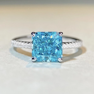 Elegant S925 sterling silver ring with square blue aquamarine zircon and four-prong setting