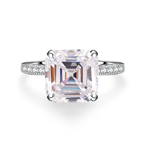 S925 silver ring featuring an Asscher cut moissanite center stone and pavé side diamonds