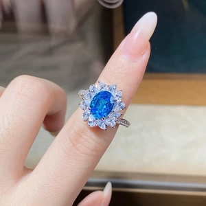 Detailed close-up of a sunflower-shaped S925 silver ring with blue aquamarine gemstone