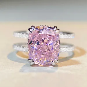 Bague en Argent Sterling S925 Avec Zirconia Rose Pour Femme Luxe Taille Coussin Pierre Zircon Anneau Double Rangée Bijoux De Mode