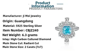 Spécifications de la bague en argent S925 avec diamant bleu de 2 carats taille radiant