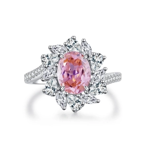 Elegant flower-shaped S925 silver ring with pink sapphire and marquise zircon stones