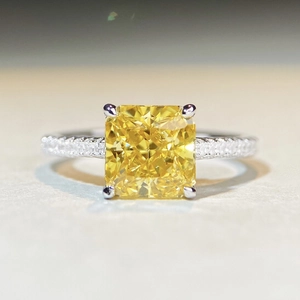 Elegant S925 sterling silver ring with square yellow zircon and side diamond accents