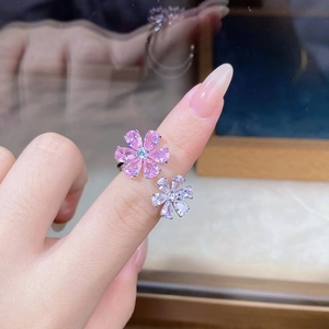 Close-up of a s925 silver adjustable ring featuring pink and white zircon floral clusters