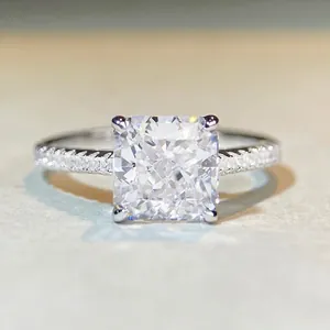925 Sterling Silver Square Zirconia Ring Radiant Cut Four-Prong Plated Platinum Engagement Ring Fashion Jewelry For Women