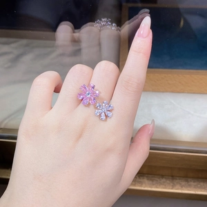 Detailed close-up of s925 silver adjustable ring featuring pink and blue zircon flowers