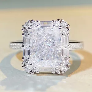 Luxury 925 Sterling Silver Radiant Cut Zirconia Halo Ring For Women Fashion Jewelry Elegant Rectangular Inlaid Finger Ring