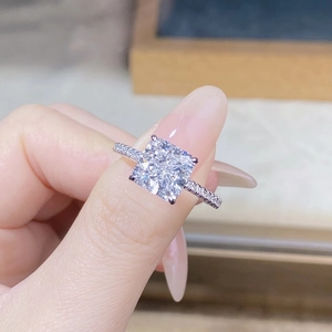 Close-up of square-cut zircon ring with micro-paved band in S925 sterling silver