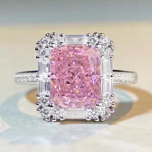 Luxury 925 Sterling Silver Square Zirconia Halo Ring For Women Fashionable Rectangular Pink Zirconia Finger Ring Jewelry