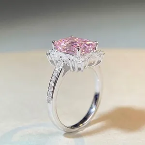 Elegance 925 sterling silver ring with rectangular pink zircon and halo pavé diamonds