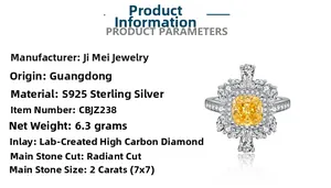Macro detail of S925 silver ring featuring 2ct yellow Radiant cut high carbon diamond