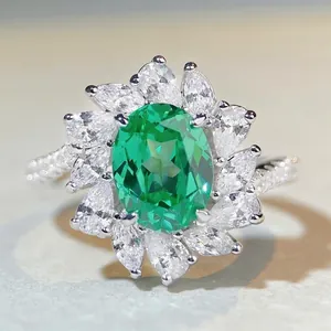 925 Sterling Silver Sunflower Halo Ring For Women Oval Colorful Rhinestone Inlaid Fashion Wedding Jewelry Party Gift