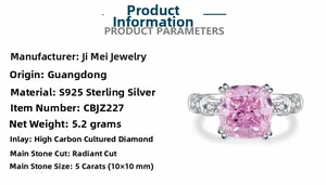 Detail view of 5ct radiant cut pink diamond ring with S925 silver product parameters