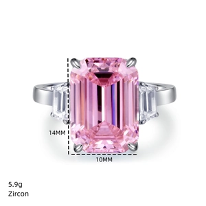 Macro detail of emerald cut pink zircon ring showing 14mm size and 5.9g weight specs