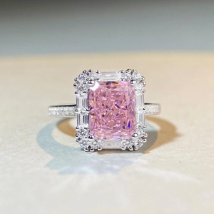 Luxe 925 sterling silver ring featuring a large pink cushion-cut zircon and diamond halo