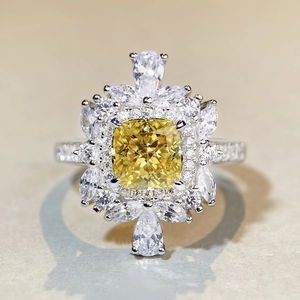 Luxurious yellow cushion cut stone ring with sunflower diamond halo in S925 silver