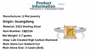 Detail view of 3ct radiant cut yellow carbon diamond set in S925 sterling silver ring
