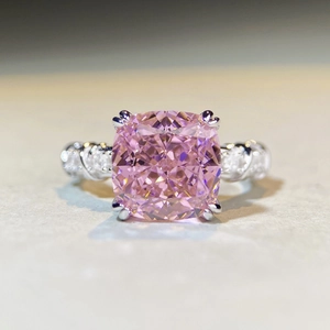 Sparkling pink cushion cut diamond ring in S925 sterling silver with four-claw setting