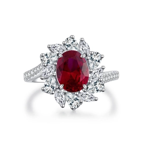 Elegant S925 silver flower ring with oval ruby center stone and petal shaped zircons