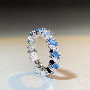 Elegant S925 sterling silver ring with blue rectangular zircon and full diamond setting