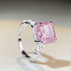 Elegant S925 silver ring featuring a large square pink diamond in a four-prong setting