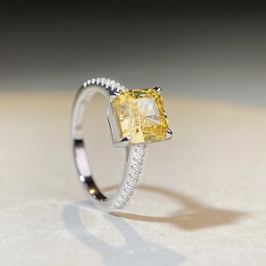 S925 sterling silver ring with cushion-cut yellow zircon and side diamond accents