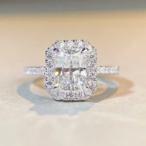 Luxe Bague en Argent Sterling 925 Moissanite Taille Radiant Émeraude Halo Bague de Fiançailles Mariage pour Femme Bijoux de Mode
