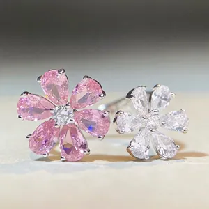 925 Sterling Silver Adjustable Double Flower Ring With Pink White Zirconia Elegant Fashion Jewelry For Women Dating Gift