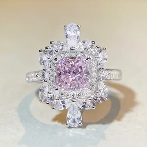 Luxus 925 Sterlingsilber Radiant-Schliff Zirkonia Blumen Ring Für Damen Rosa Gelb Blau Stein Eingelegter Cluster Hochzeit Party Schmuck