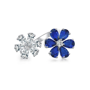 925 Sterling Silver floral ring featuring blue and white pear-cut zircon stones